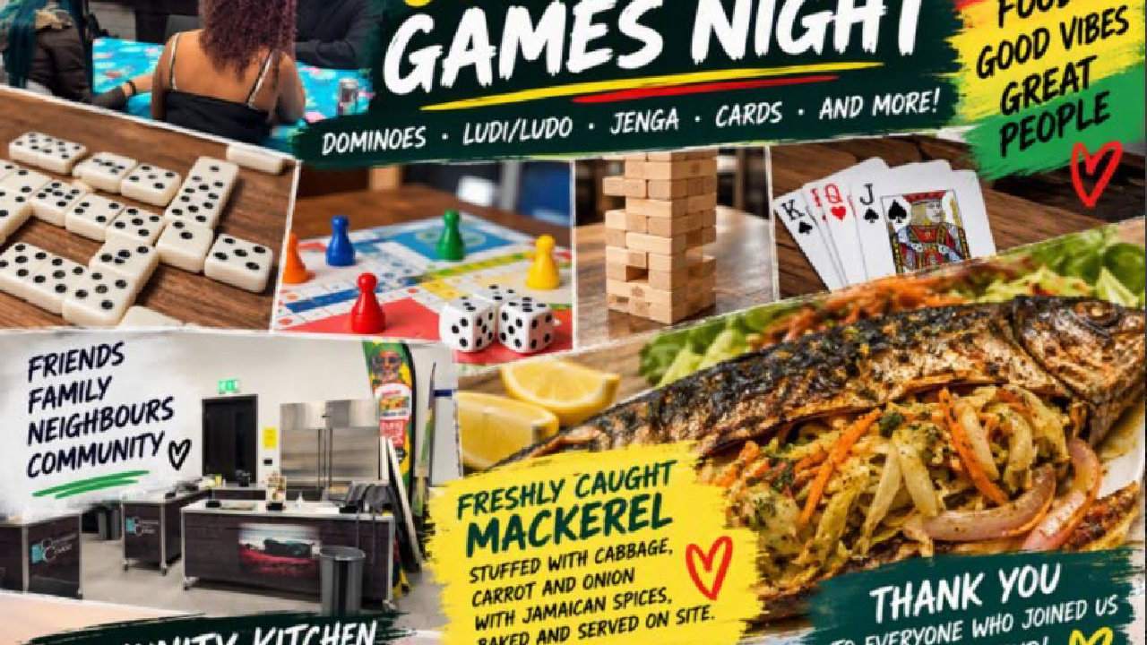 Community Games Night flyer: Dandimite Caribbean Food x The Hidden Beach Community Kitchen at Classroom on the Coast, The Stade, Hastings. Dominoes, Ludi/Ludo, Jenga, cards and freshly caught mackerel stuffed with cabbage, carrot and onion with Jamaican spices