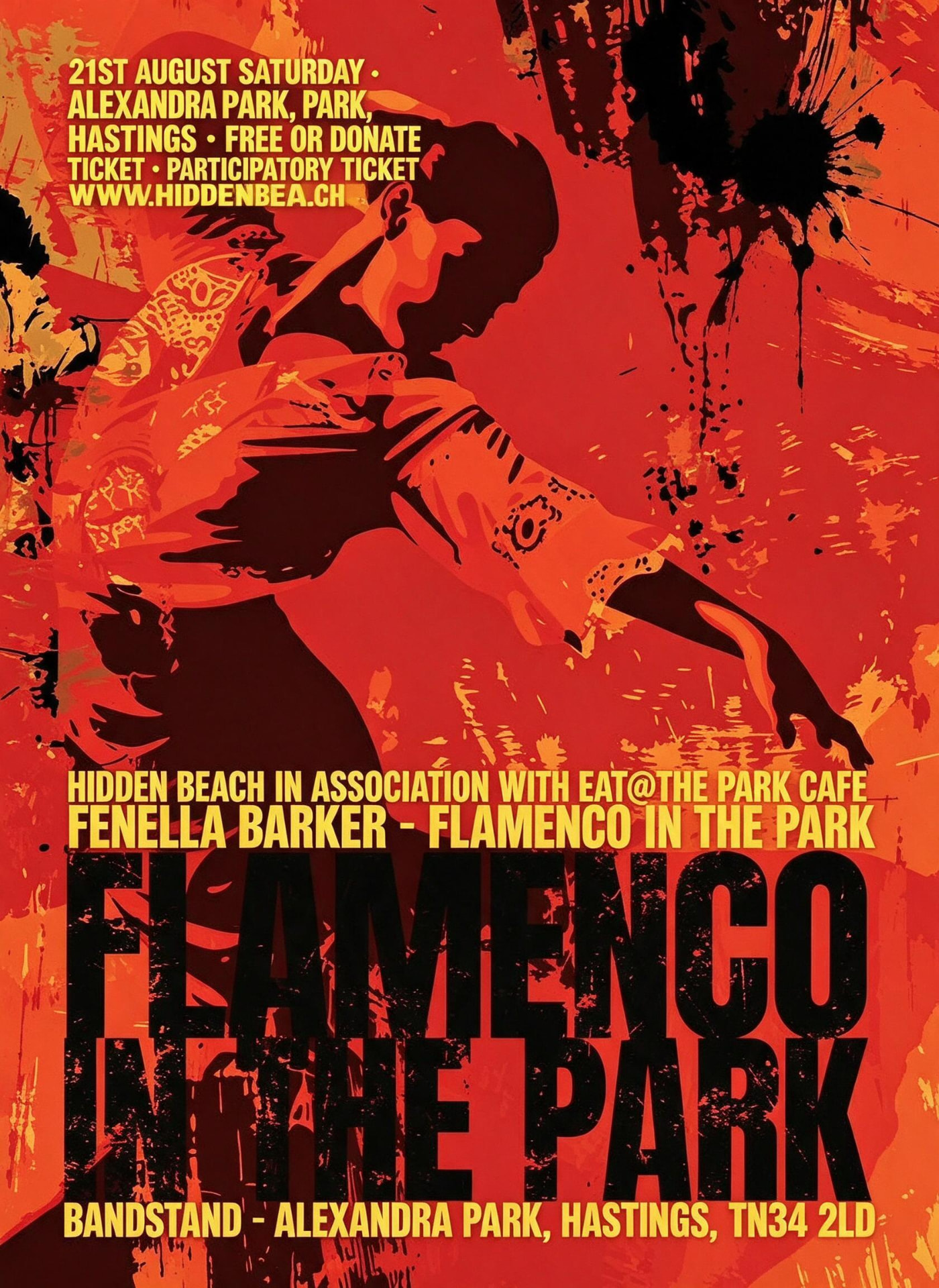 Flamenco in the Park poster — Fenella Barker, Saturday 21 August, 12–4pm at the Bandstand, Alexandra Park, Hastings. Free or donate, participatory ticket. A dancer in flowing orange and red dress painted in bold poster style.