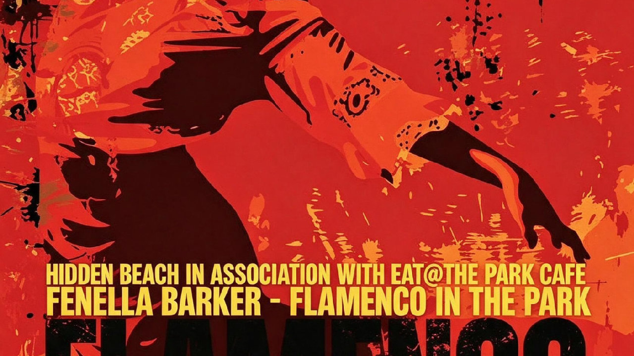 Flamenco in the Park poster — Fenella Barker, Saturday 21 August, 12–4pm at the Bandstand, Alexandra Park, Hastings. Free or donate, participatory ticket. A dancer in flowing orange and red dress painted in bold poster style.