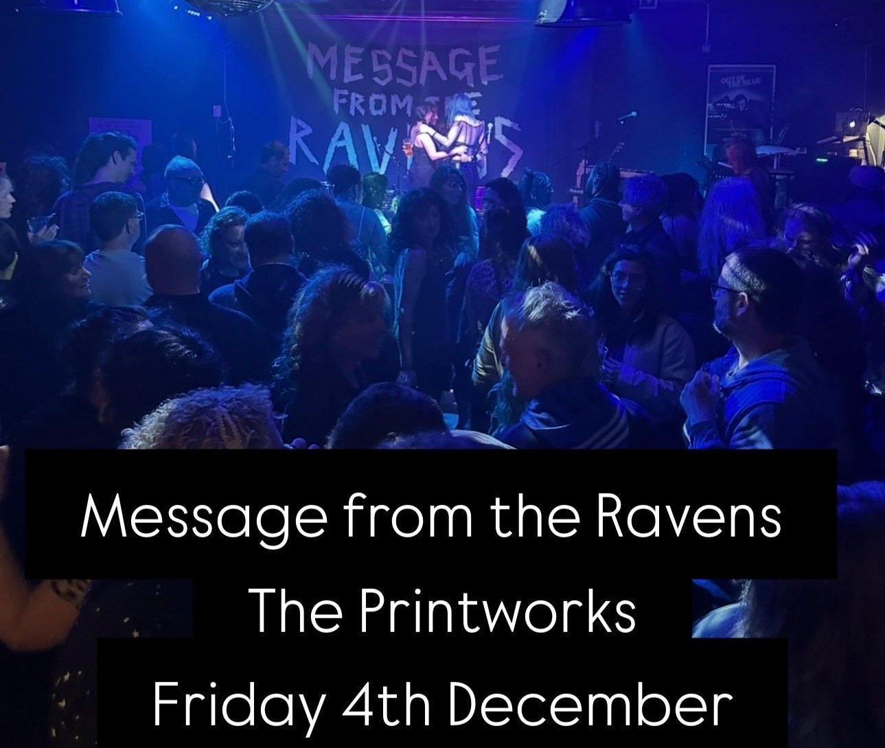Message From The Ravens playing to a packed dancefloor at The Printworks under a disco ball