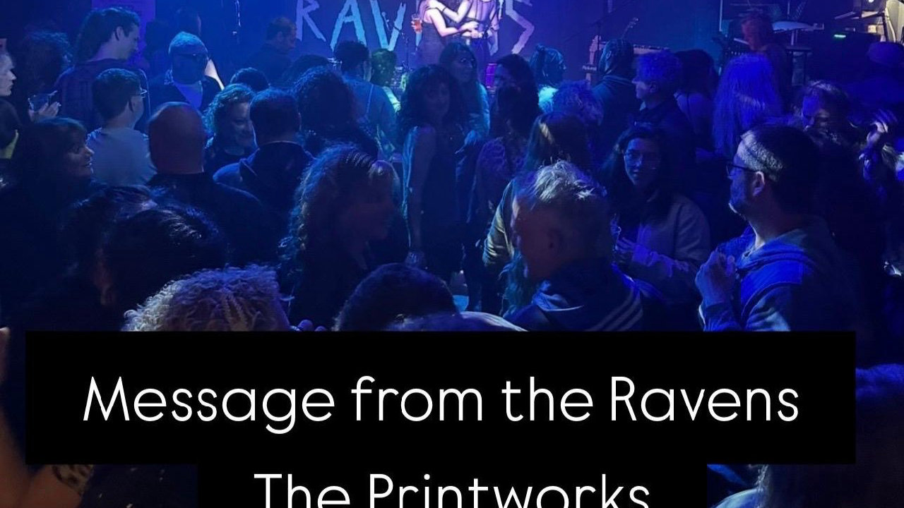 Message From The Ravens playing to a packed dancefloor at The Printworks under a disco ball