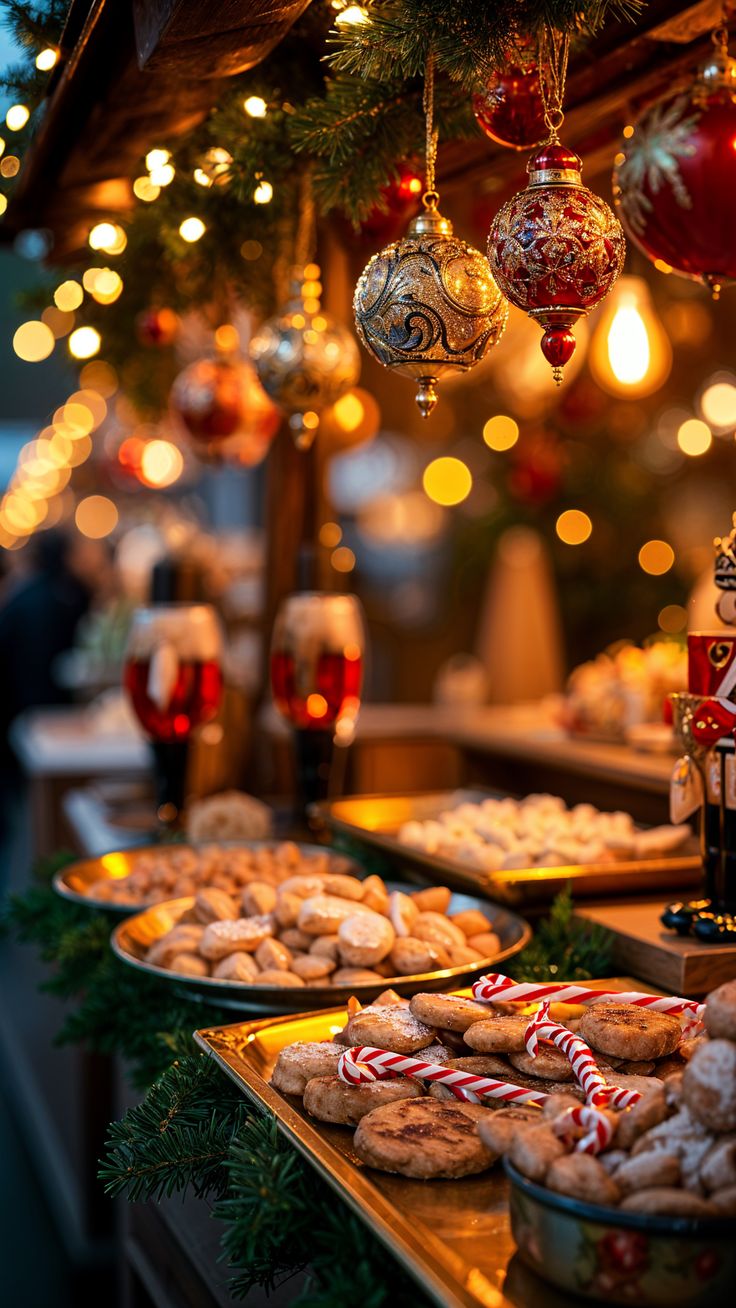 An evening Christmas market stall glowing with gold and red glass baubles, fairy lights, glasses of mulled wine and trays of festive treats