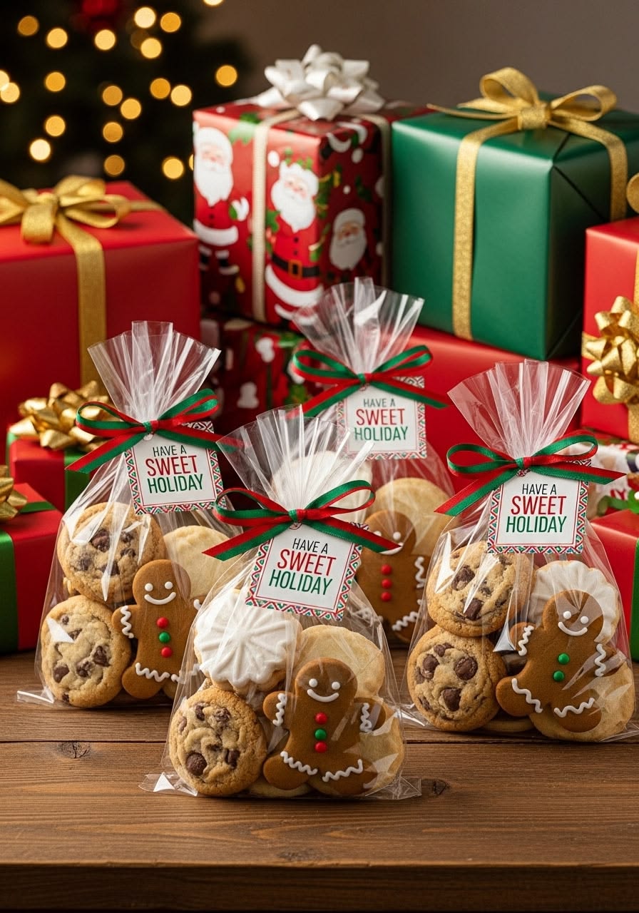 Cellophane gift bags of gingerbread men and chocolate-chip cookies tied with red and green ribbon and “Have a Sweet Holiday” tags