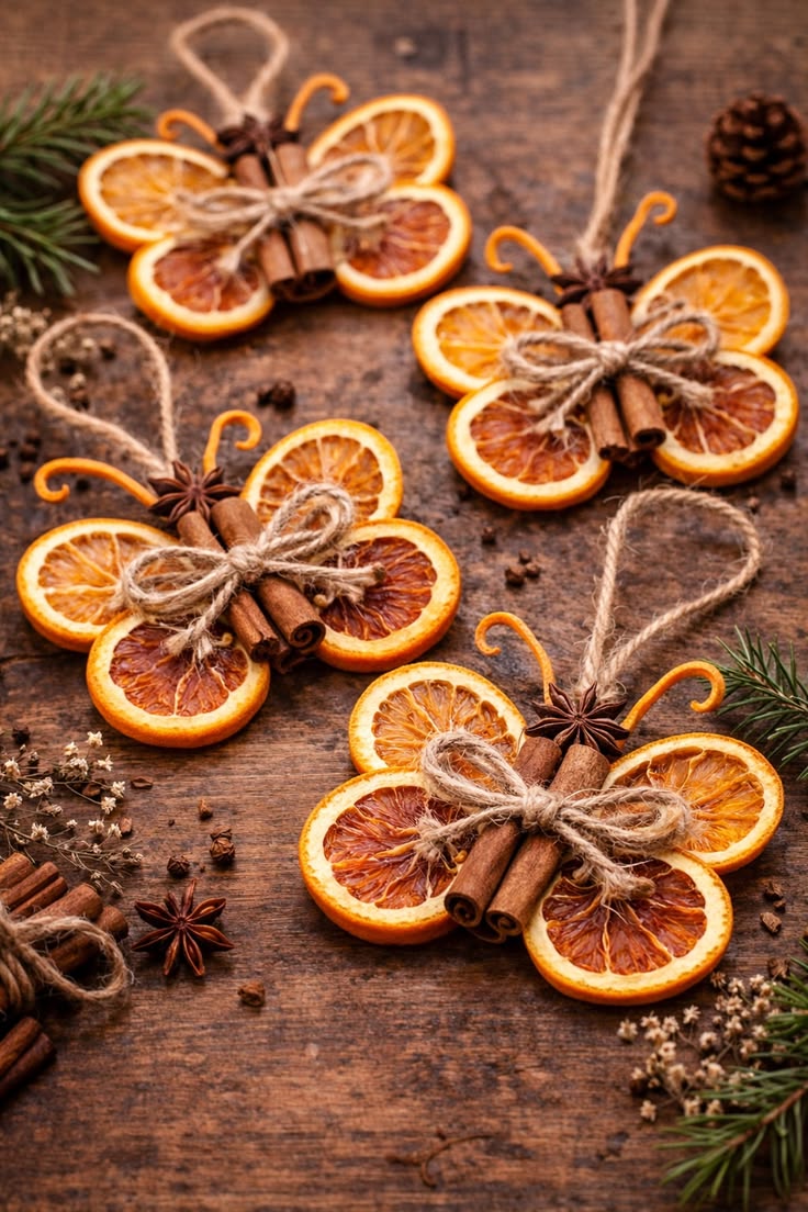 Dried orange-slice butterfly ornaments tied with cinnamon sticks and twine on dark wood