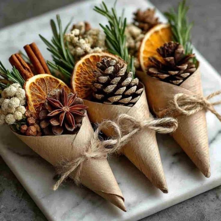 Paper cones of dried oranges, cinnamon sticks, pinecones and rosemary tied with twine