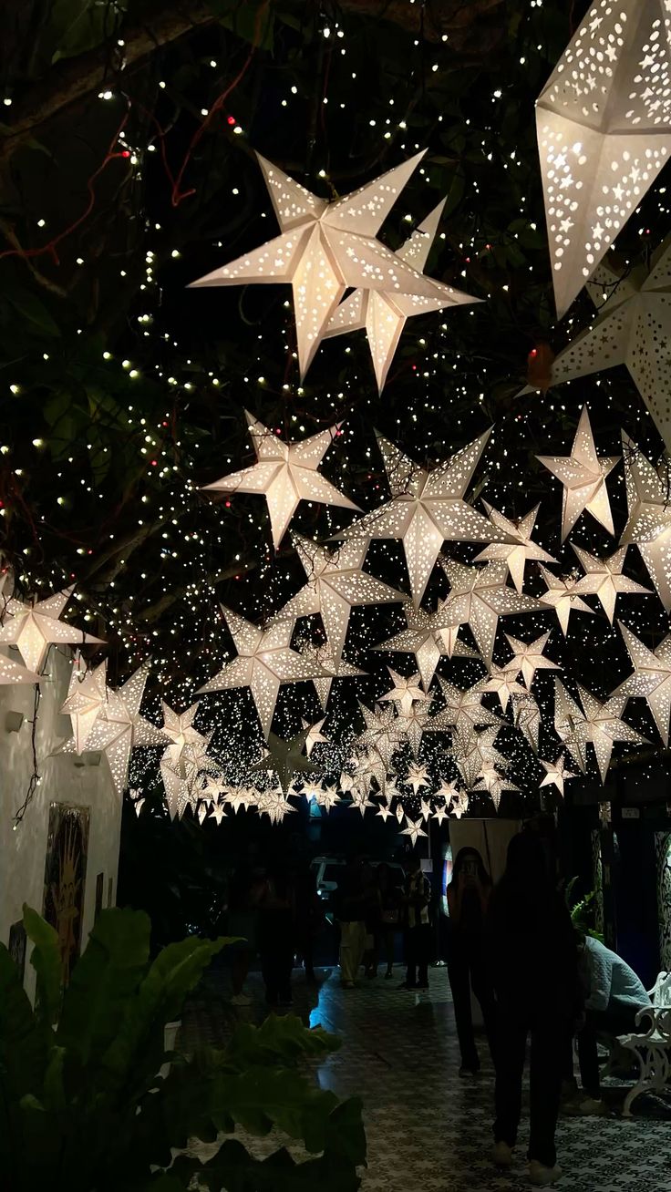 A canopy of illuminated white paper star lanterns glowing overhead