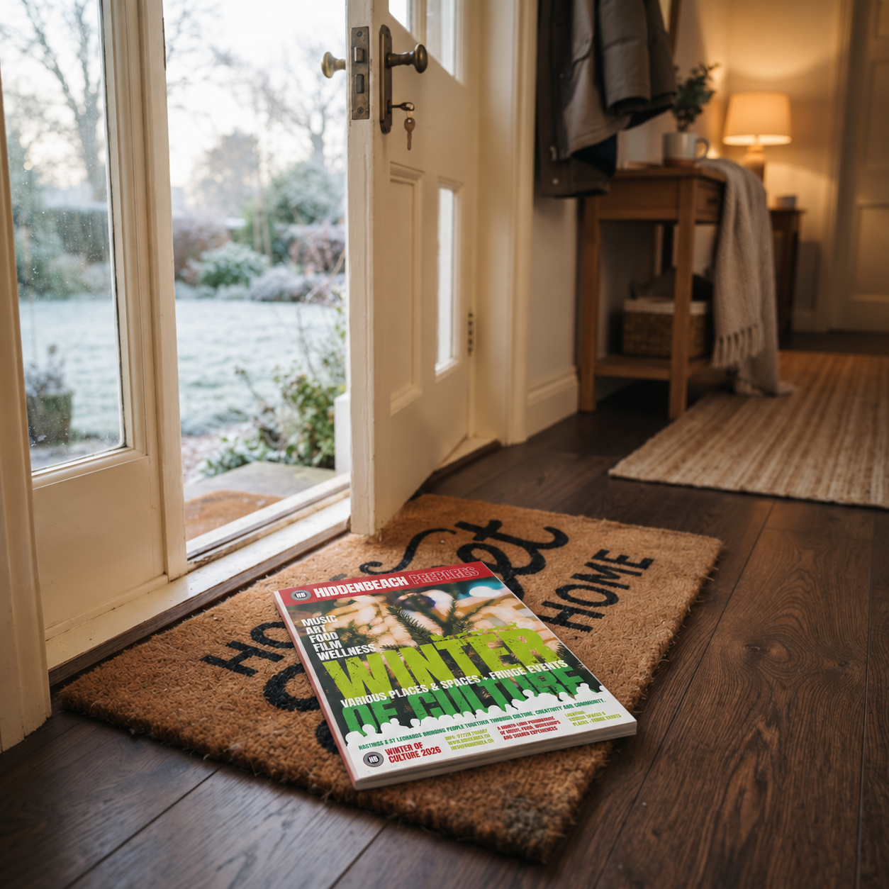 A copy of the printed guide delivered onto a doormat inside a front door on a winter morning