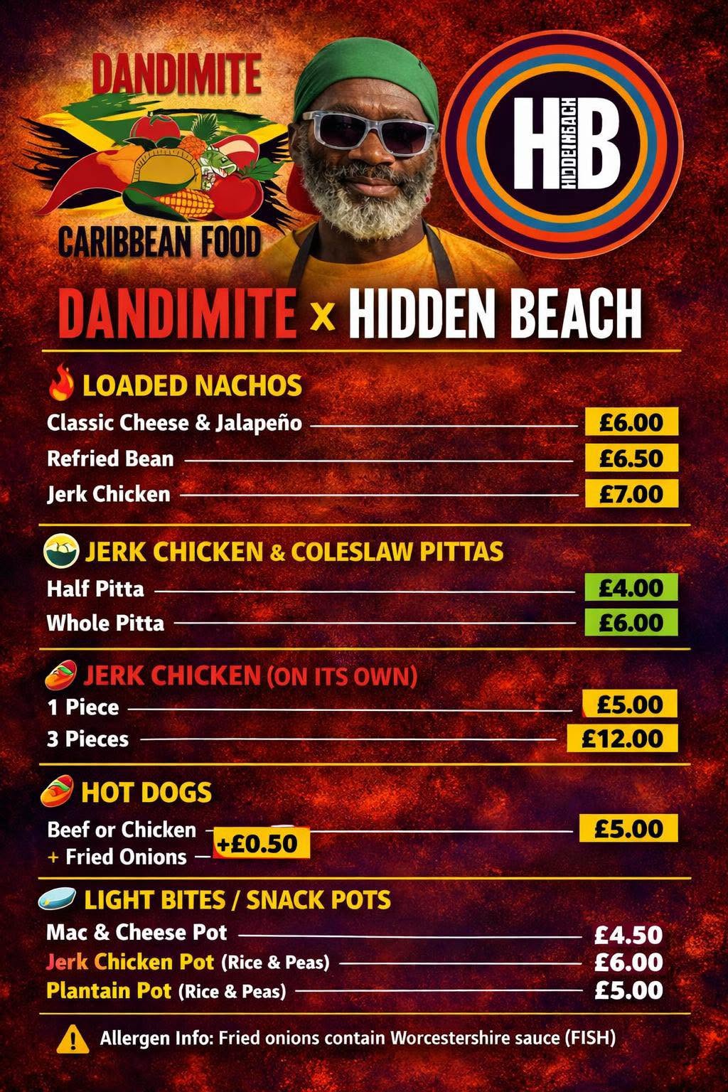 Dandimite x Hidden Beach Caribbean food menu