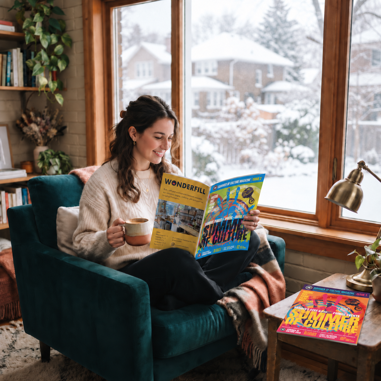 A resident relaxing by a window in winter, browsing the printed local culture guide with a warm drink